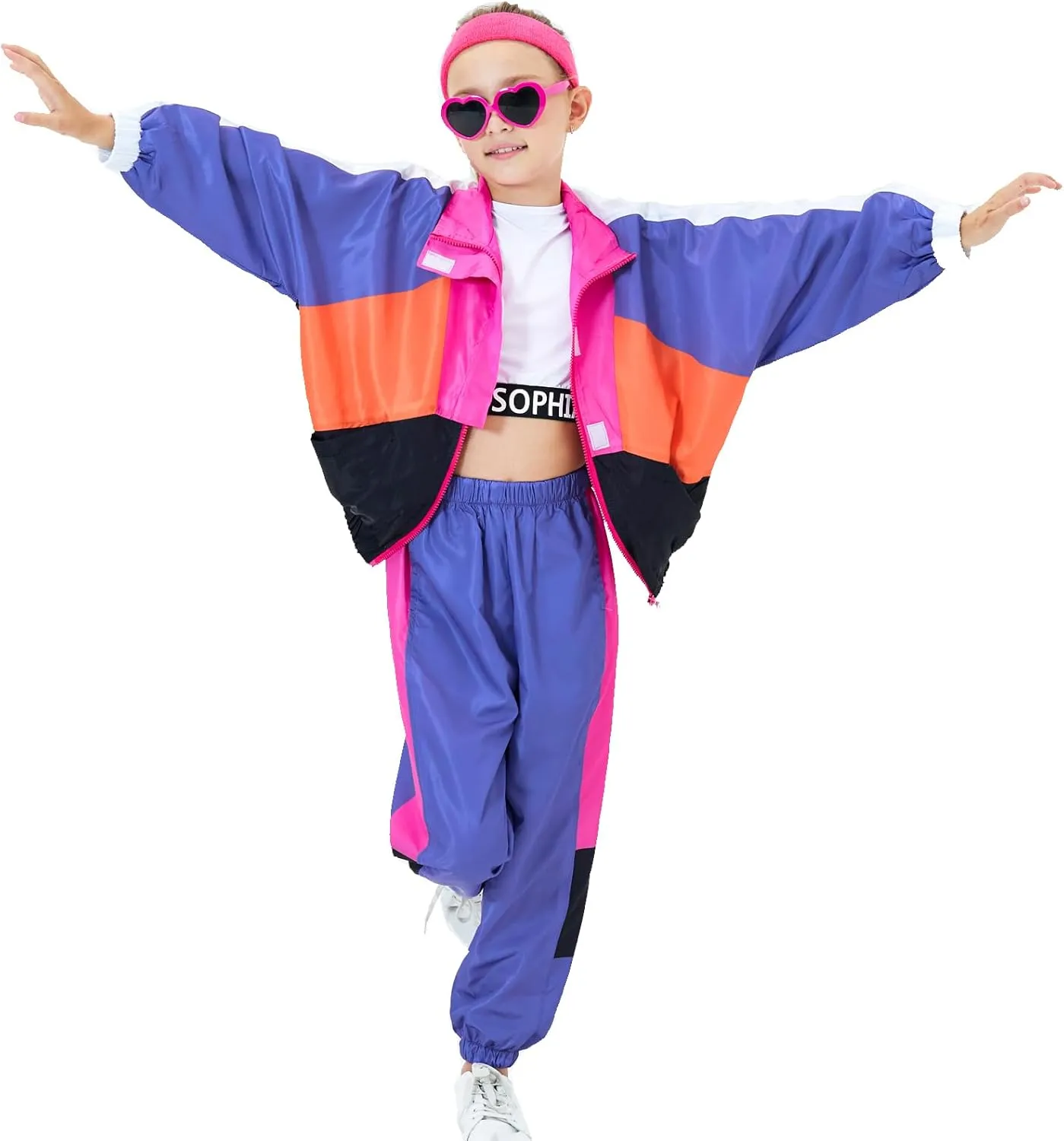 80s Outfit for Kids, Retro 90s Tracksuit Boys Girls Hip Hop Dance Clothes Unisex Patchwork Jacket Pants Sportswear