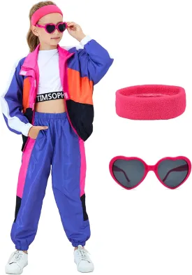 80s Outfit for Kids, Retro 90s Tracksuit Boys Girls Hip Hop Dance Clothes Unisex Patchwork Jacket Pants Sportswear