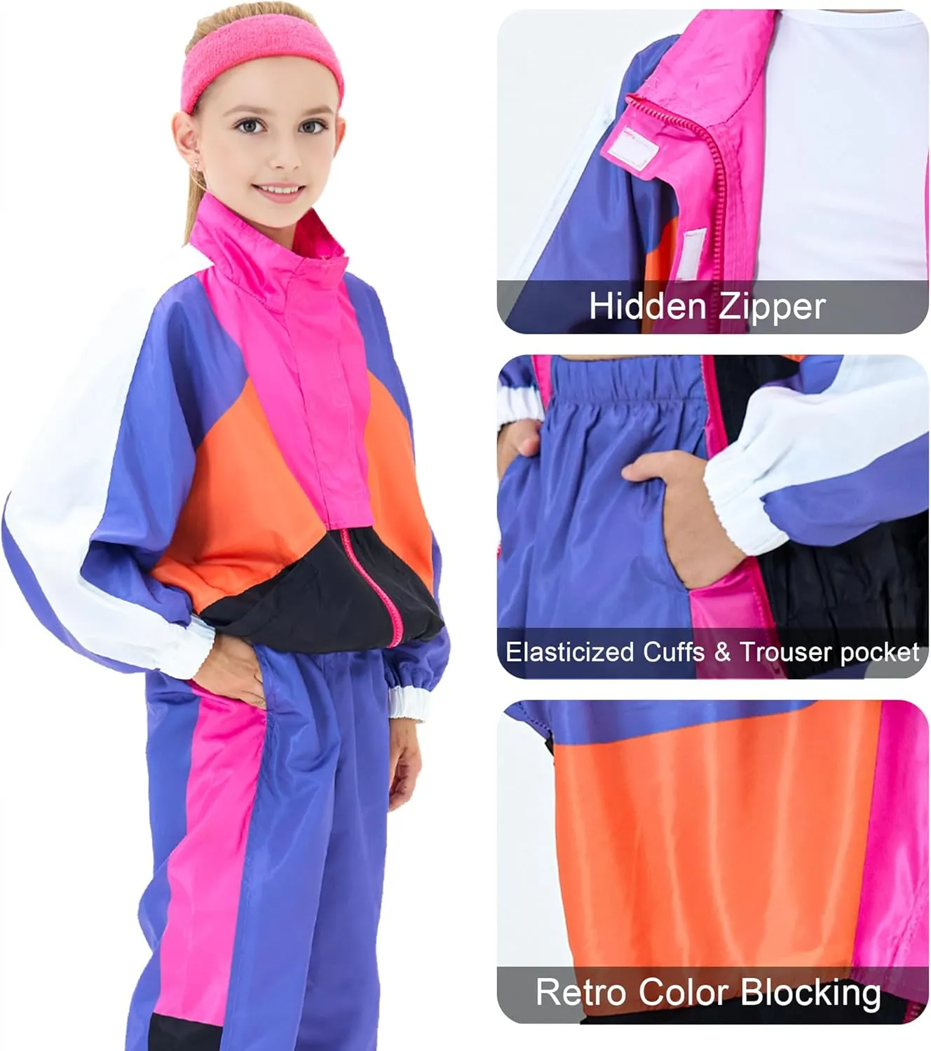 80s Outfit for Kids, Retro 90s Tracksuit Boys Girls Hip Hop Dance Clothes Unisex Patchwork Jacket Pants Sportswear
