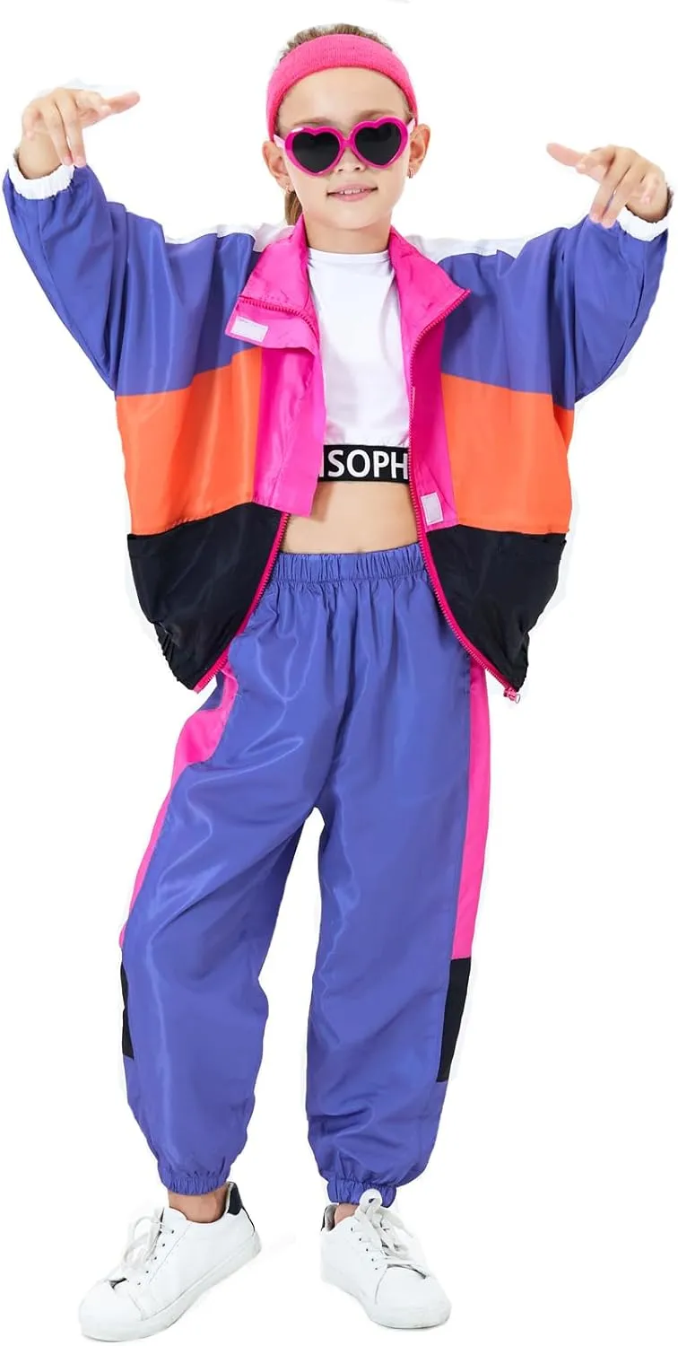 80s Outfit for Kids, Retro 90s Tracksuit Boys Girls Hip Hop Dance Clothes Unisex Patchwork Jacket Pants Sportswear