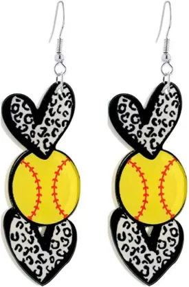 Acrylic Sports Ball Heart Shaped Dangle Drop Earrings for Women Cute Football Basketball Volleyball Baseball Softball Leopard Print Love Shape Earrings Sport Game Day Jewelry Gift