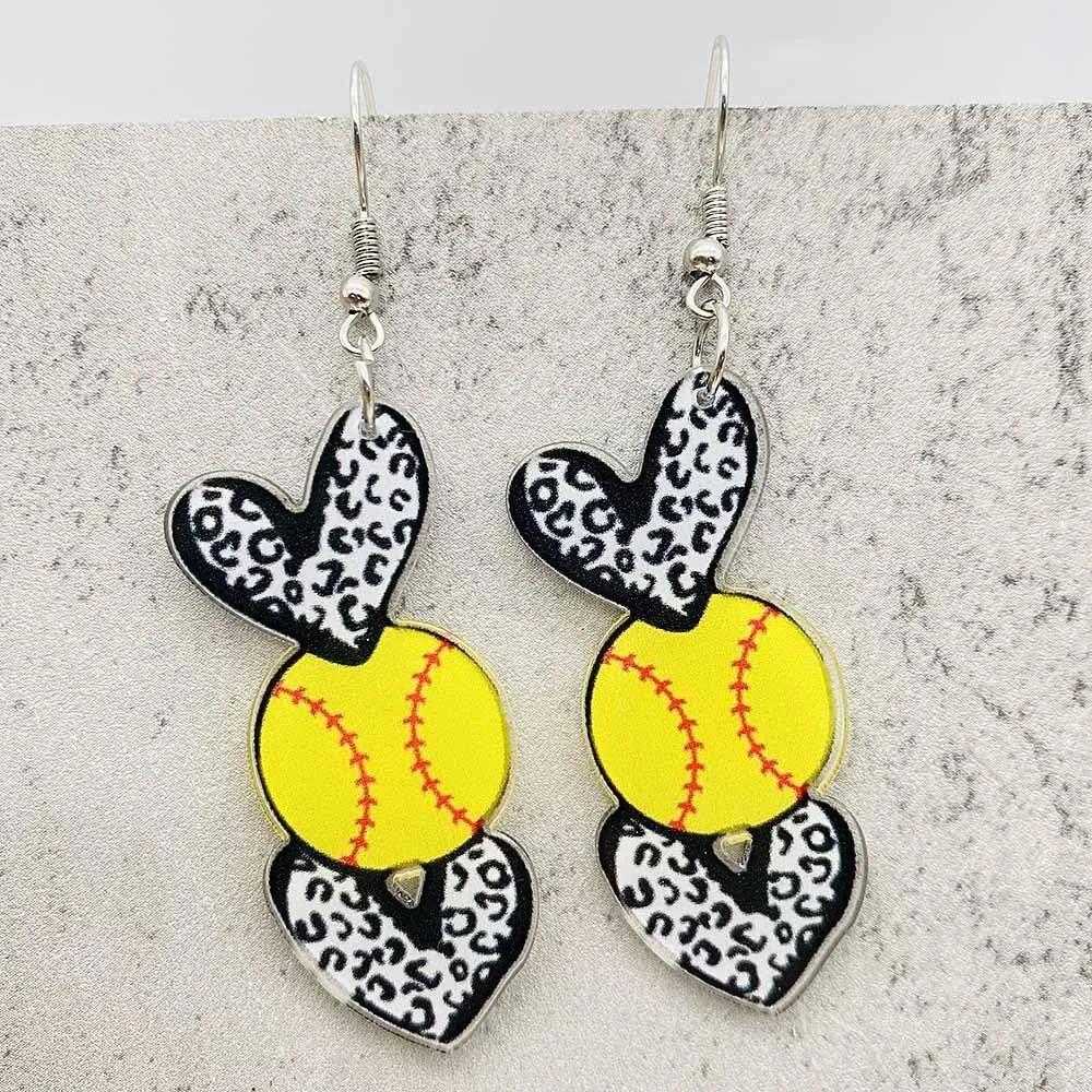 Acrylic Sports Ball Heart Shaped Dangle Drop Earrings for Women Cute Football Basketball Volleyball Baseball Softball Leopard Print Love Shape Earrings Sport Game Day Jewelry Gift