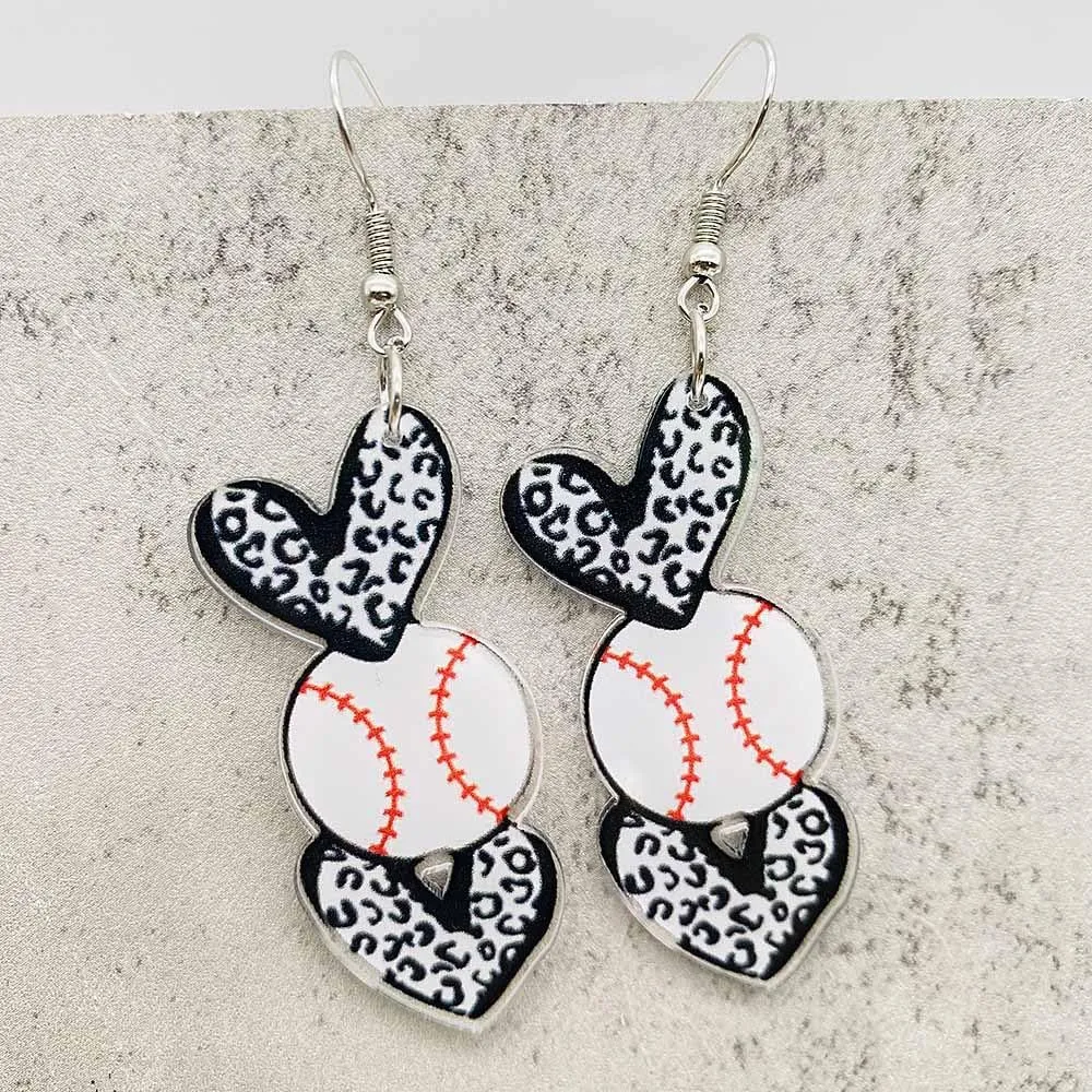 Acrylic Sports Ball Heart Shaped Dangle Drop Earrings for Women Cute Football Basketball Volleyball Baseball Softball Leopard Print Love Shape Earrings Sport Game Day Jewelry Gift
