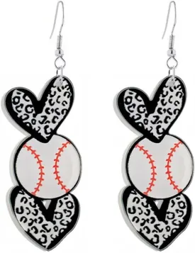 Acrylic Sports Ball Heart Shaped Dangle Drop Earrings for Women Cute Football Basketball Volleyball Baseball Softball Leopard Print Love Shape Earrings Sport Game Day Jewelry Gift