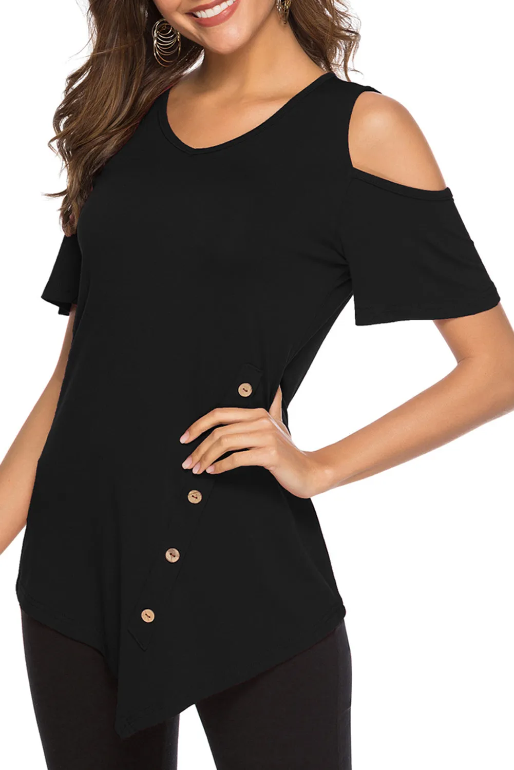 Black Irregular Round Neck Cold Shoulder Blouse