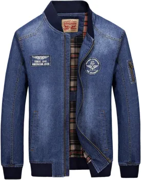ebossy Men's Sportswear Air-Force Full Zip Distressed Flight Bomber Denim Jacket