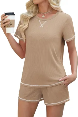 Ekouaer Womens Shorts Set Summer Outfits Short Sleeve Lounge Set 2 Pieces Soft Sleepwear Pajamas Set with Pockets