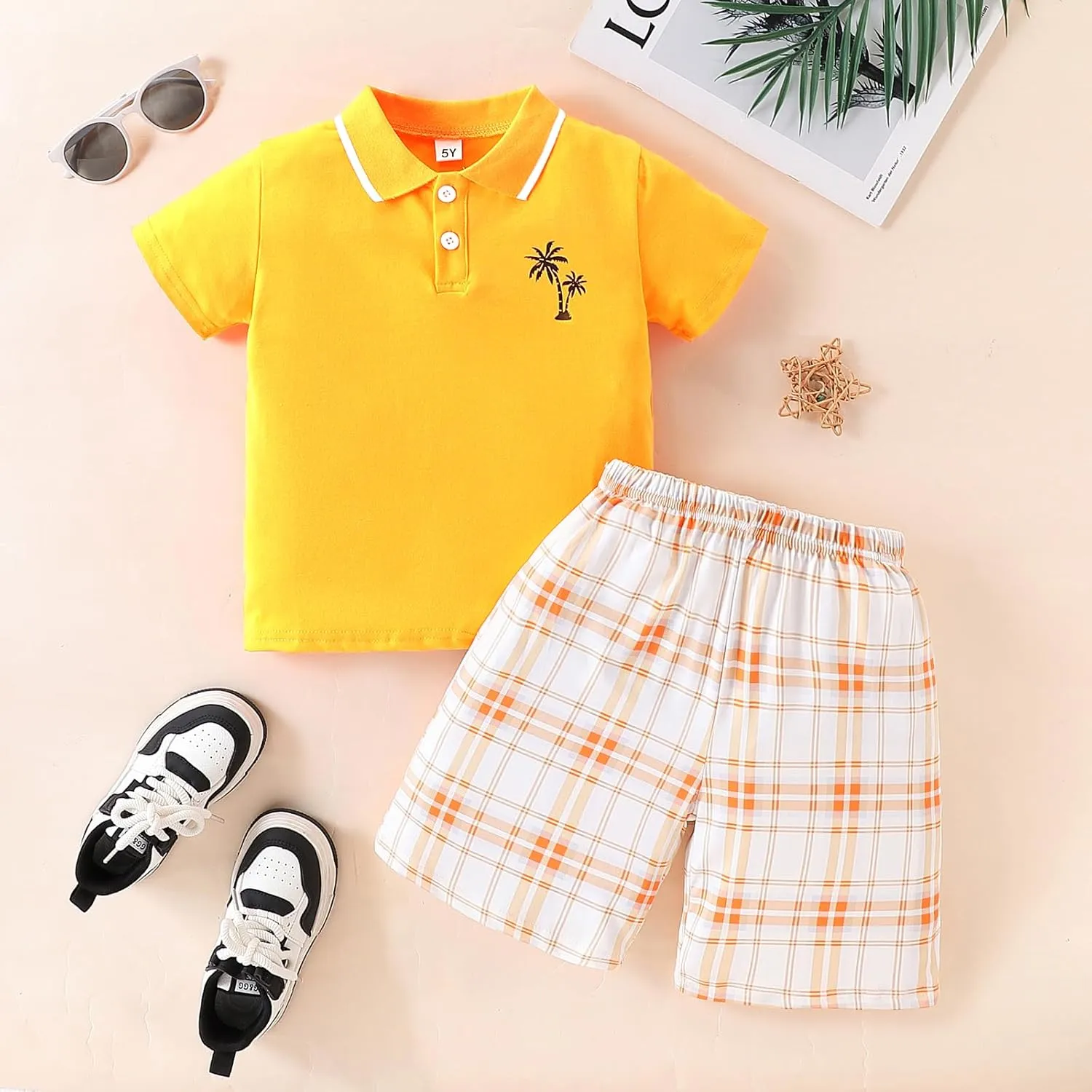 Kids Tween Boy Clothes Casual Short Sleeve Polo Shirt   Plaid Print 2Pcs Shorts Summer Clothing Set