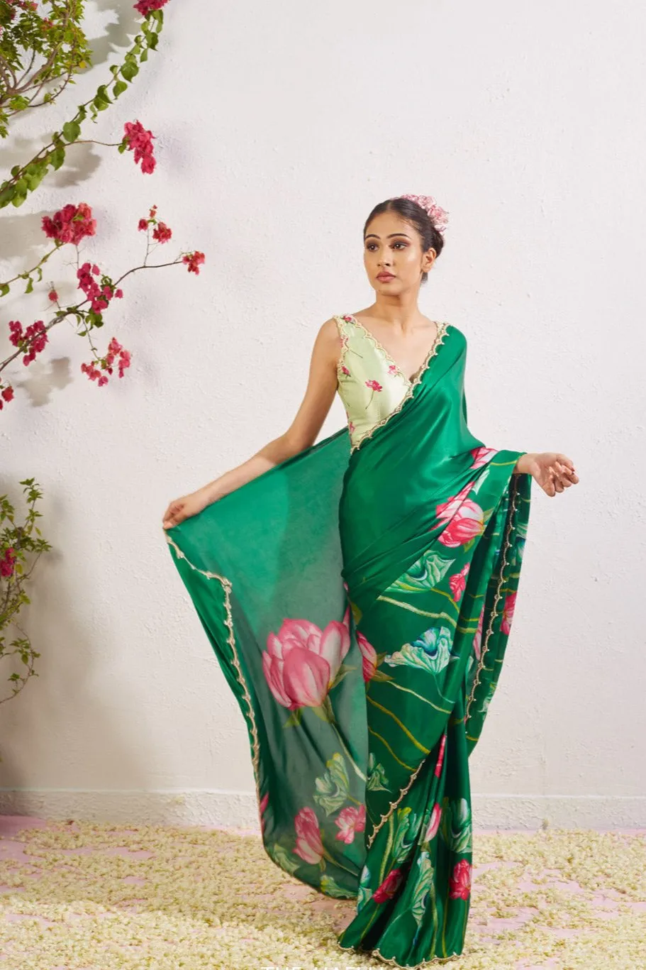 Kumud Green Satin Silk Saree