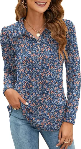 LOMON Womens Polo Shirts Button Down Collared Long Sleeve Tops V Neck Loose Blouses