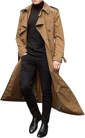 Men's Trench Coat Slim fit Lapel Double Breasted Belted Windbreaker Long Jacket Windproof Button Overcoat