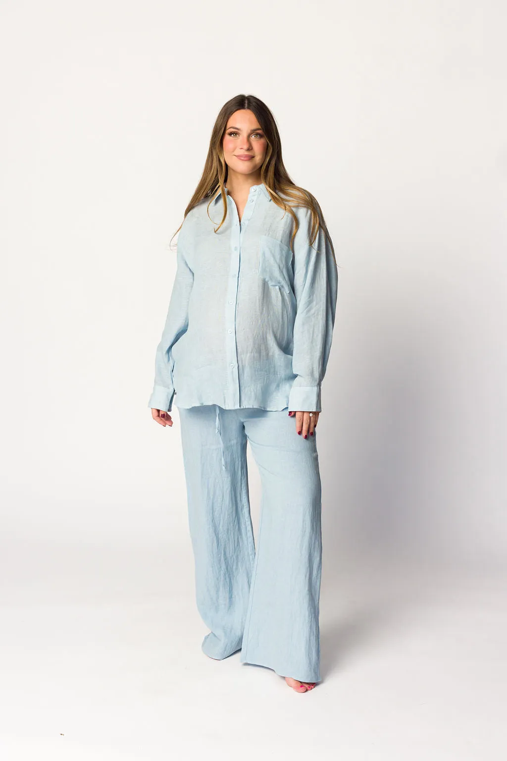 Pip Wide Leg Linen Pants in Light Blue