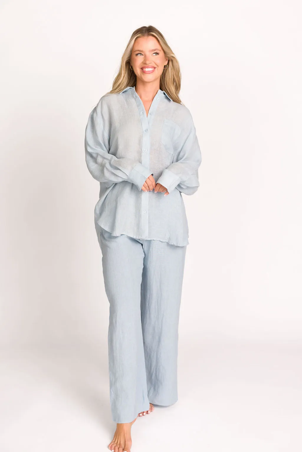 Pip Wide Leg Linen Pants in Light Blue