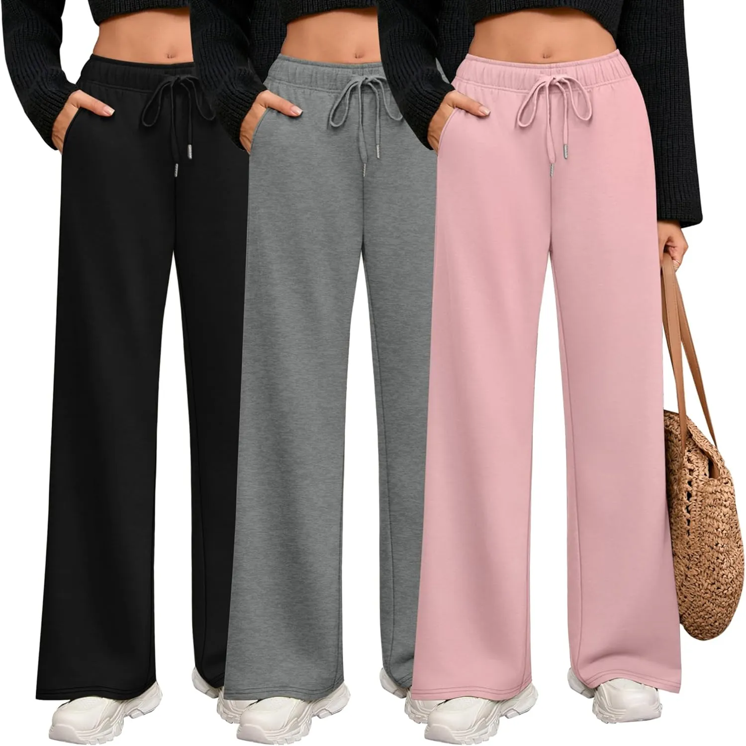 Riyiper 3 Pack Women Wide Leg Sweatpants Drawstring Straight Pants Elastic Waist Joggers Open Bottom Sweatpants with Pockets