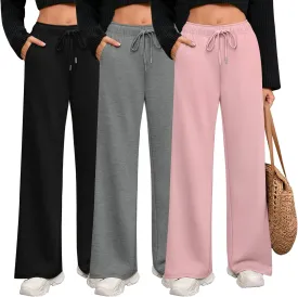 Riyiper 3 Pack Women Wide Leg Sweatpants Drawstring Straight Pants Elastic Waist Joggers Open Bottom Sweatpants with Pockets