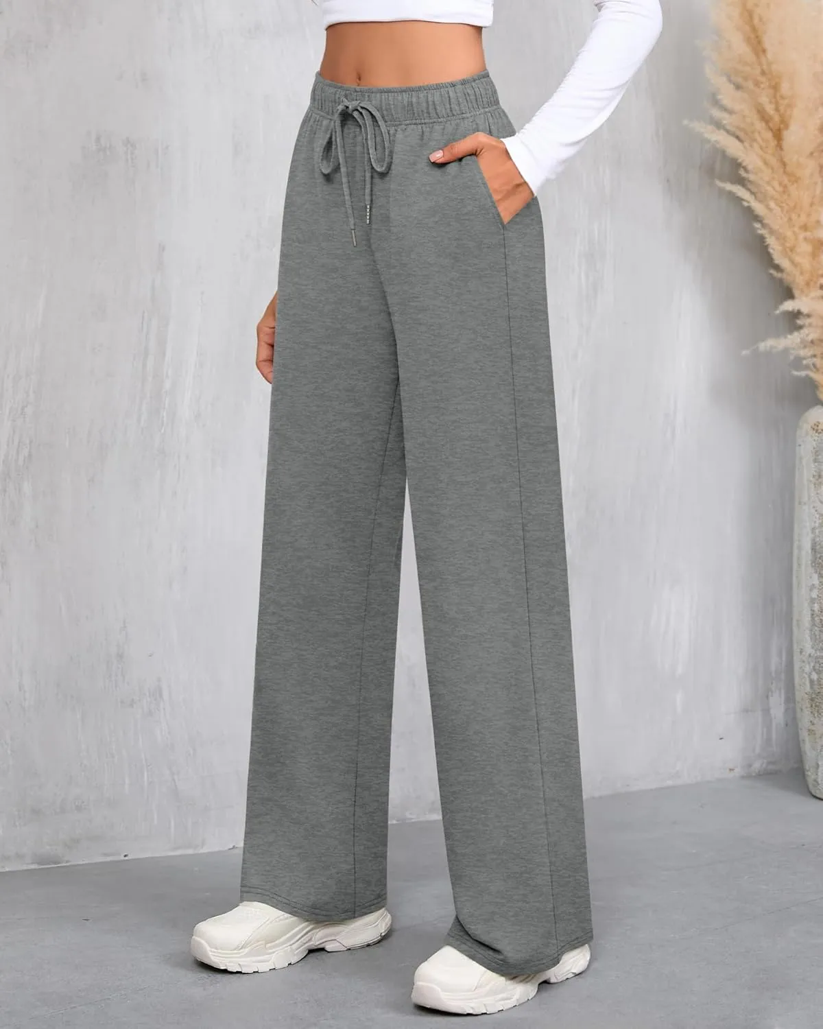 Riyiper 3 Pack Women Wide Leg Sweatpants Drawstring Straight Pants Elastic Waist Joggers Open Bottom Sweatpants with Pockets