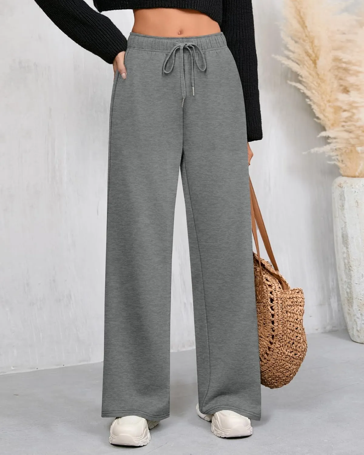 Riyiper 3 Pack Women Wide Leg Sweatpants Drawstring Straight Pants Elastic Waist Joggers Open Bottom Sweatpants with Pockets