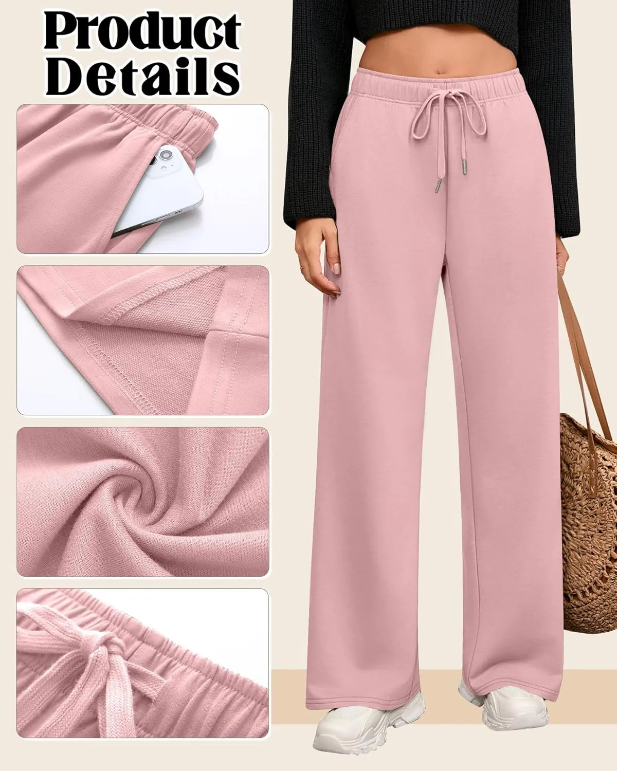 Riyiper 3 Pack Women Wide Leg Sweatpants Drawstring Straight Pants Elastic Waist Joggers Open Bottom Sweatpants with Pockets