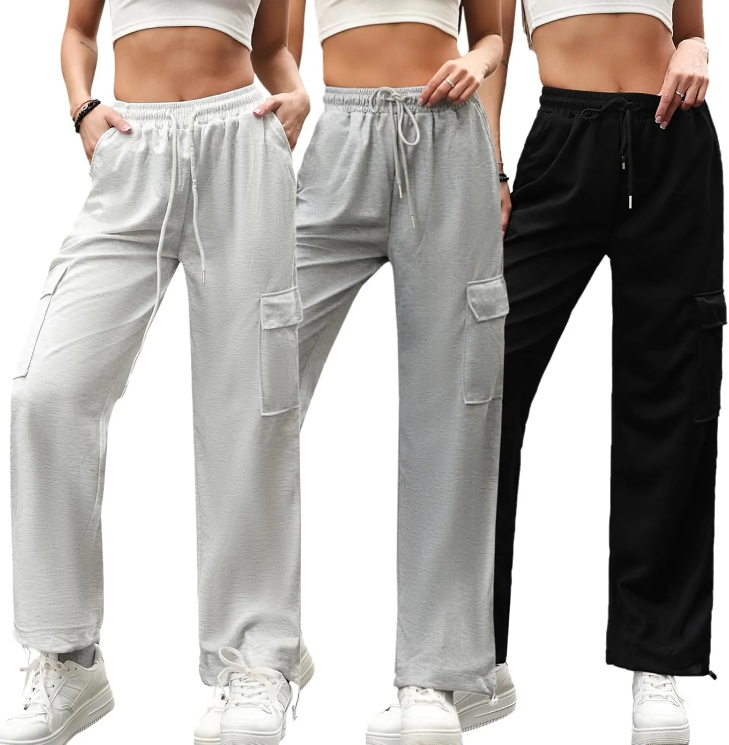 Womens Cargo Sweatpants Drawstring Elastic Waist Joggers Pants Baggy Athletic Y2K Trousers with Pockets